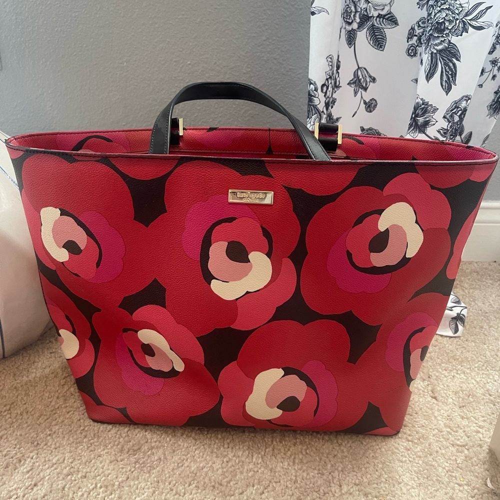 KATE SPADE Black Red Floral Print Leather Hyde Lane Riley Tote Bag